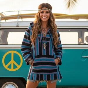 NWOT Original Senor XL Y2K Bohemian Indie Sleeze Hippie Baha Striped Poncho